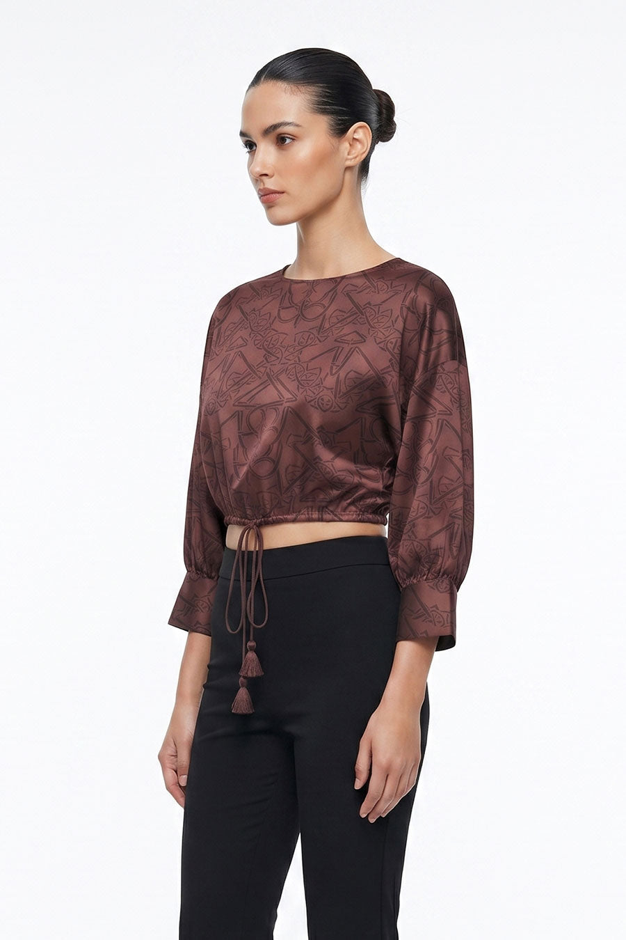 Burgundy Timeless Impressions Printed Drawstring Crop Top