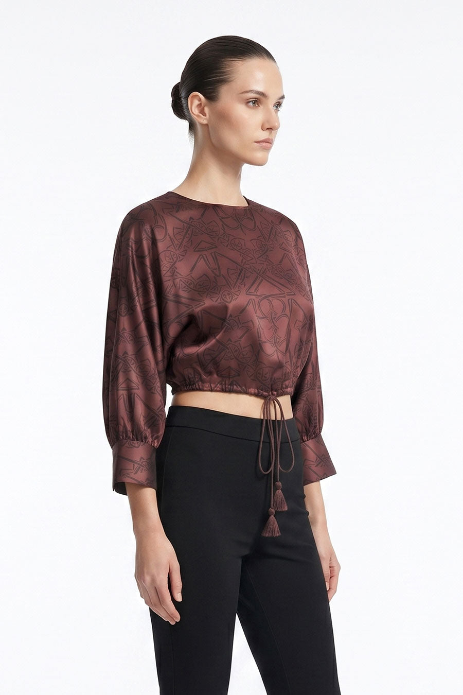 Burgundy Timeless Impressions Printed Drawstring Crop Top