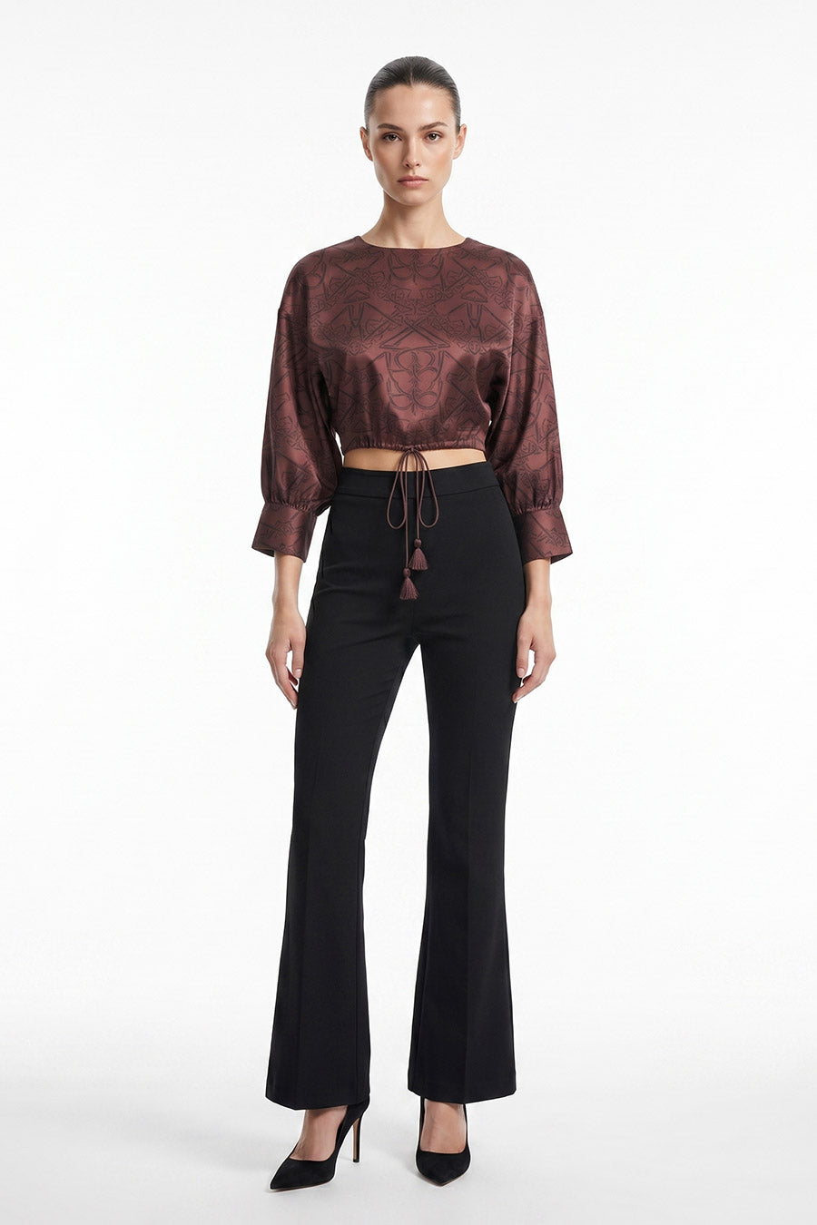 Burgundy Timeless Impressions Printed Drawstring Crop Top