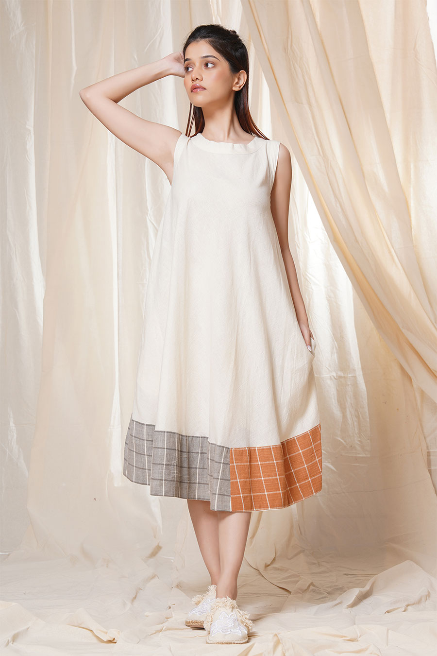 Timeless Checks White Organic Khadi Dress