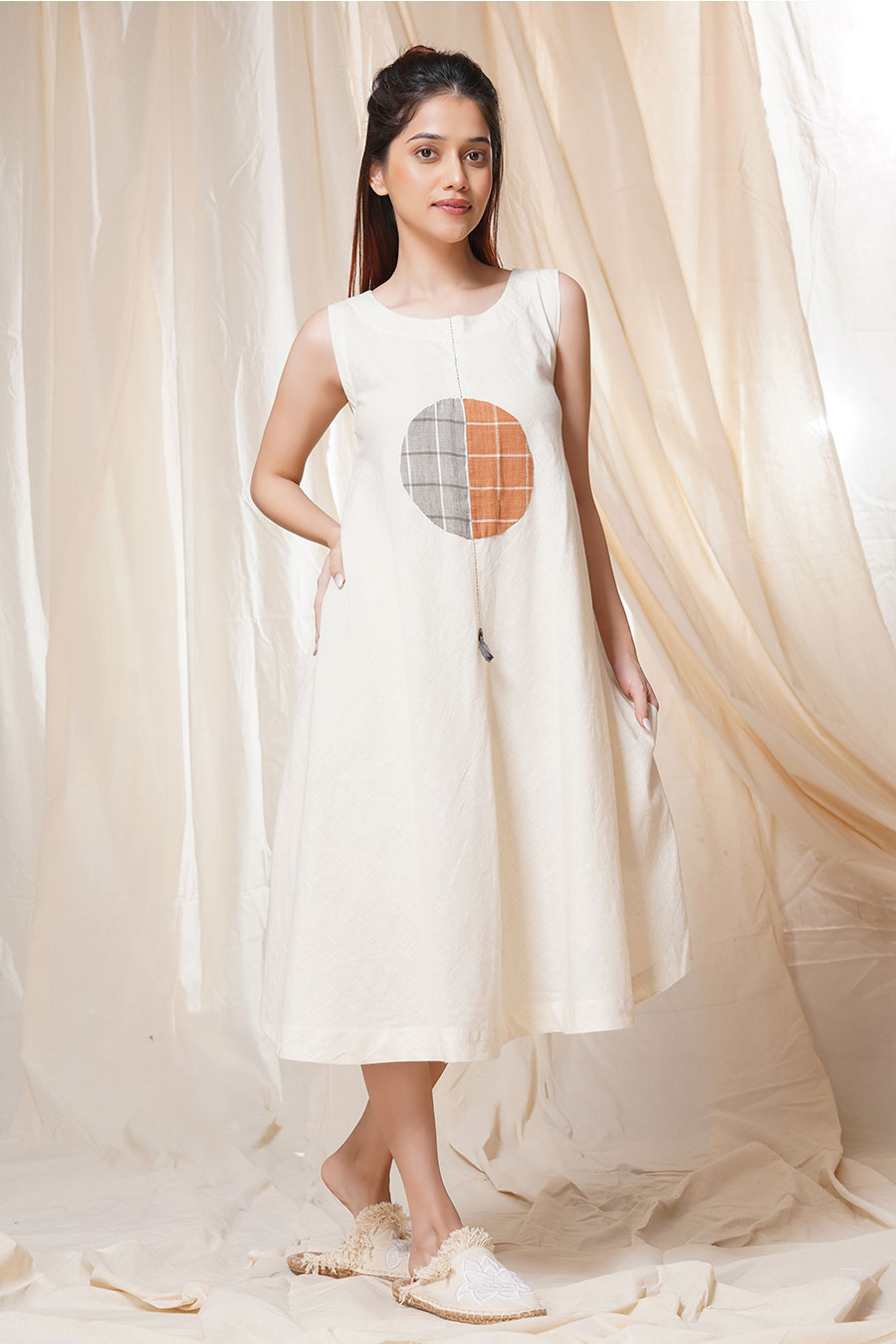Timeless Checks White Organic Khadi Big Polka Dress