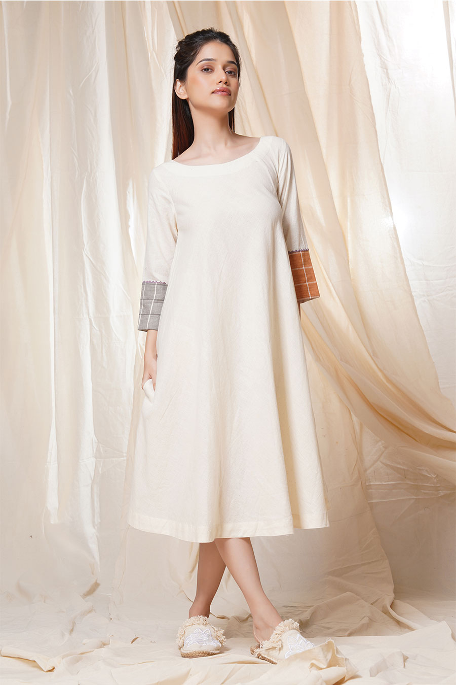 Timeless Checks White Organic Khadi Big Polka Dress
