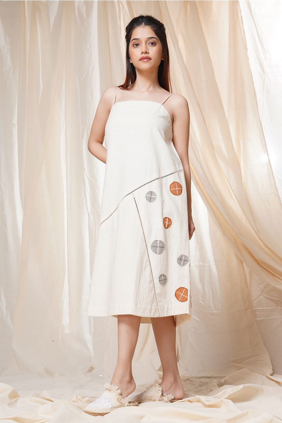 Timeless Checks White Khadi Polka Appliqué Dress