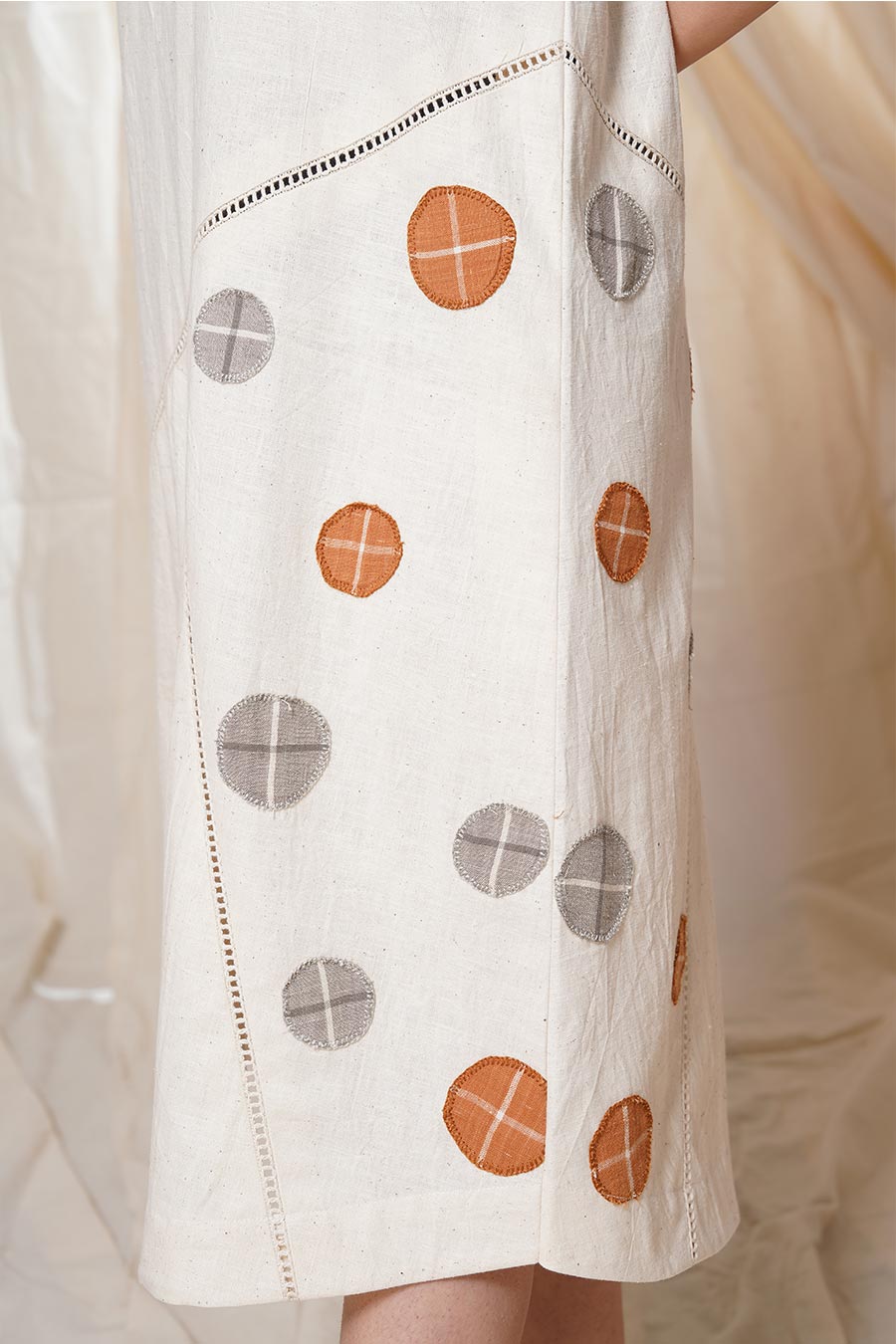 Timeless Checks White Khadi Polka Appliqué Dress