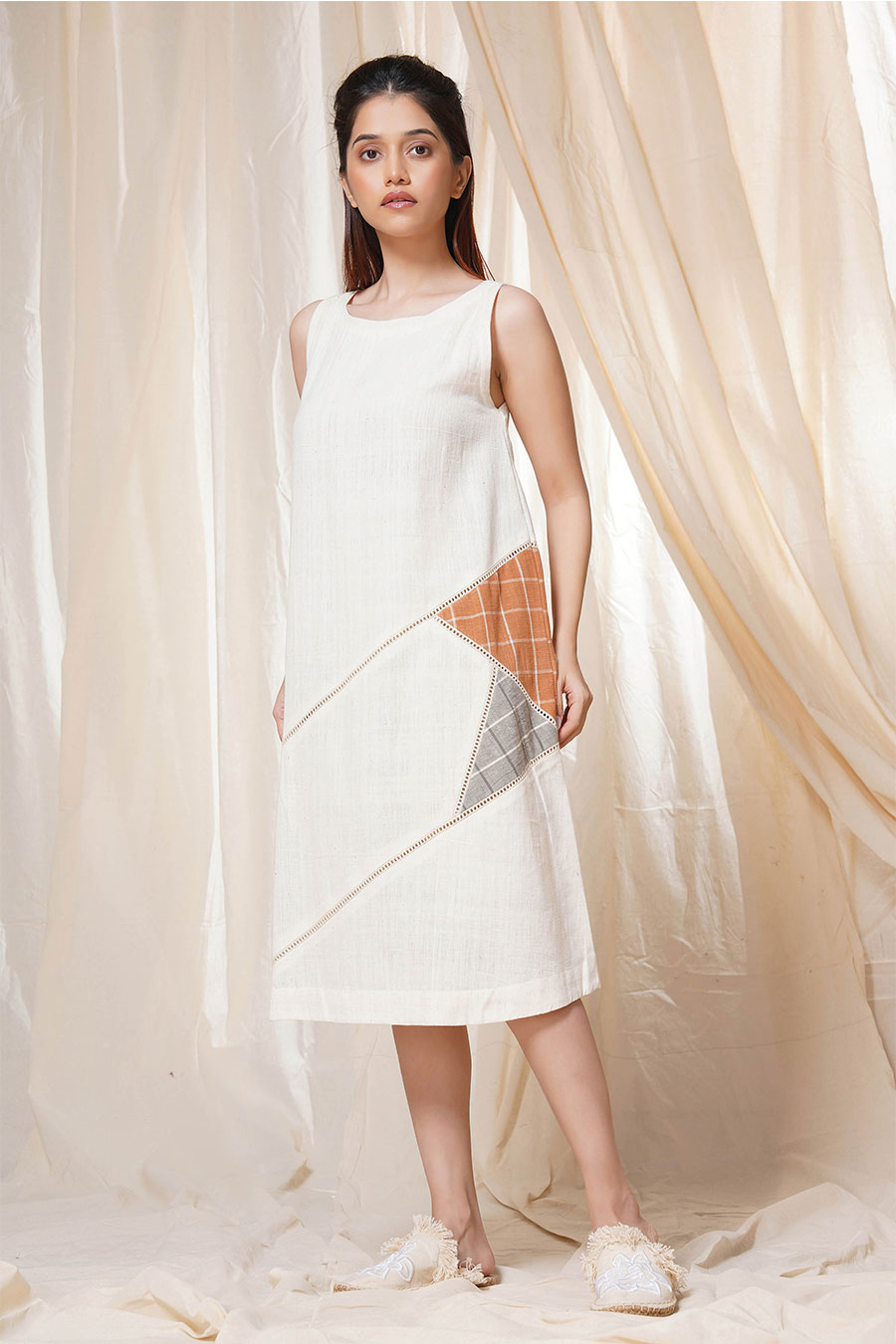 White Organic Khadi A-Line Star Appliqué Dress