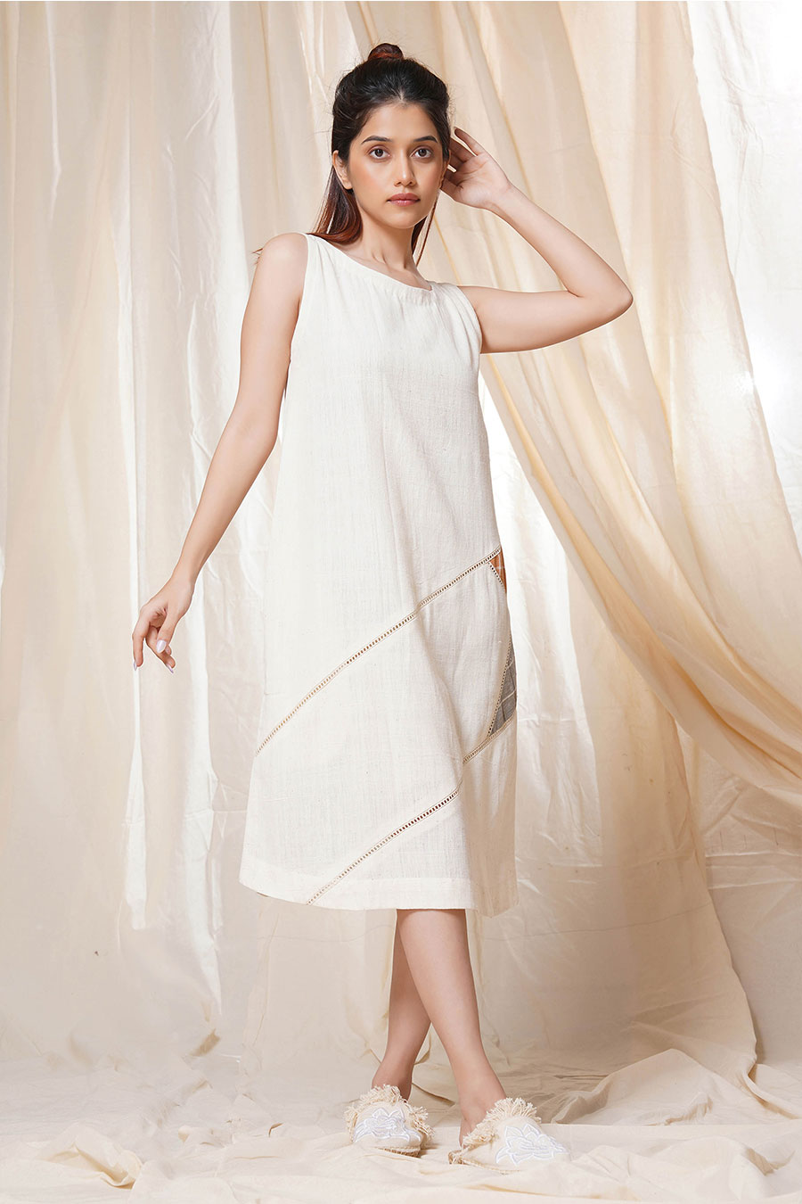 White Organic Khadi A-Line Star Appliqué Dress