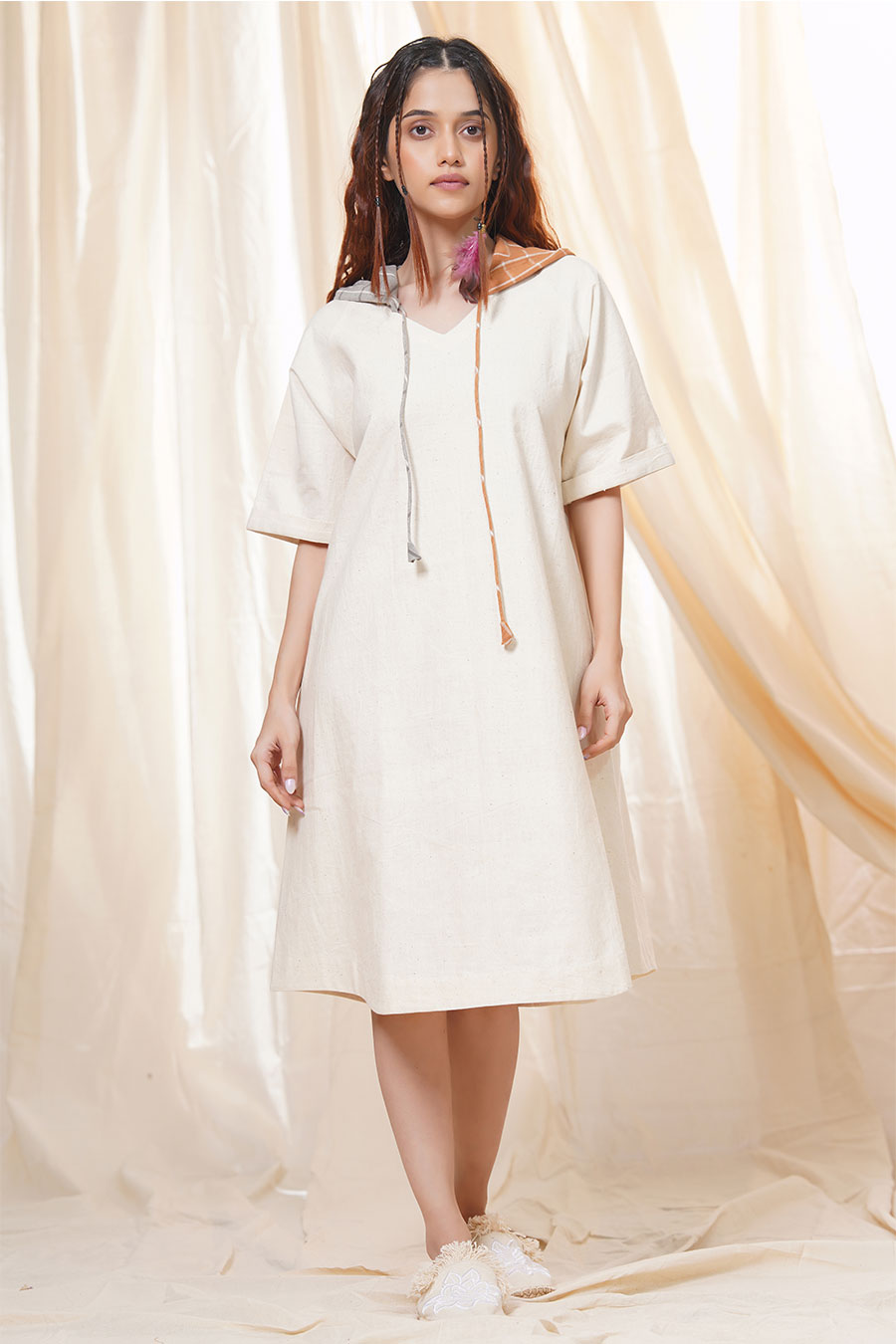 White Organic Khadi Relaxed Fit Hoodie Dress
