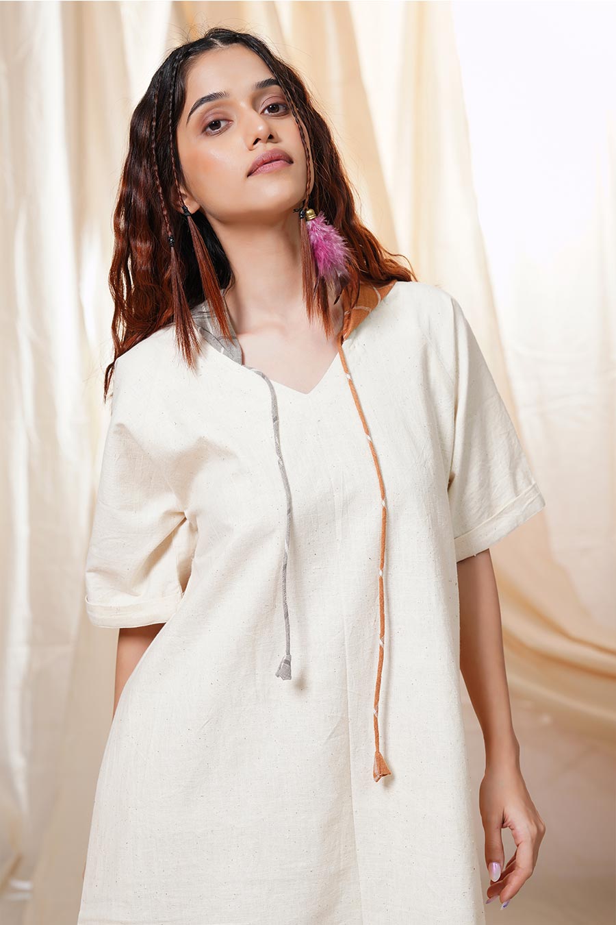 White Organic Khadi Relaxed Fit Hoodie Dress