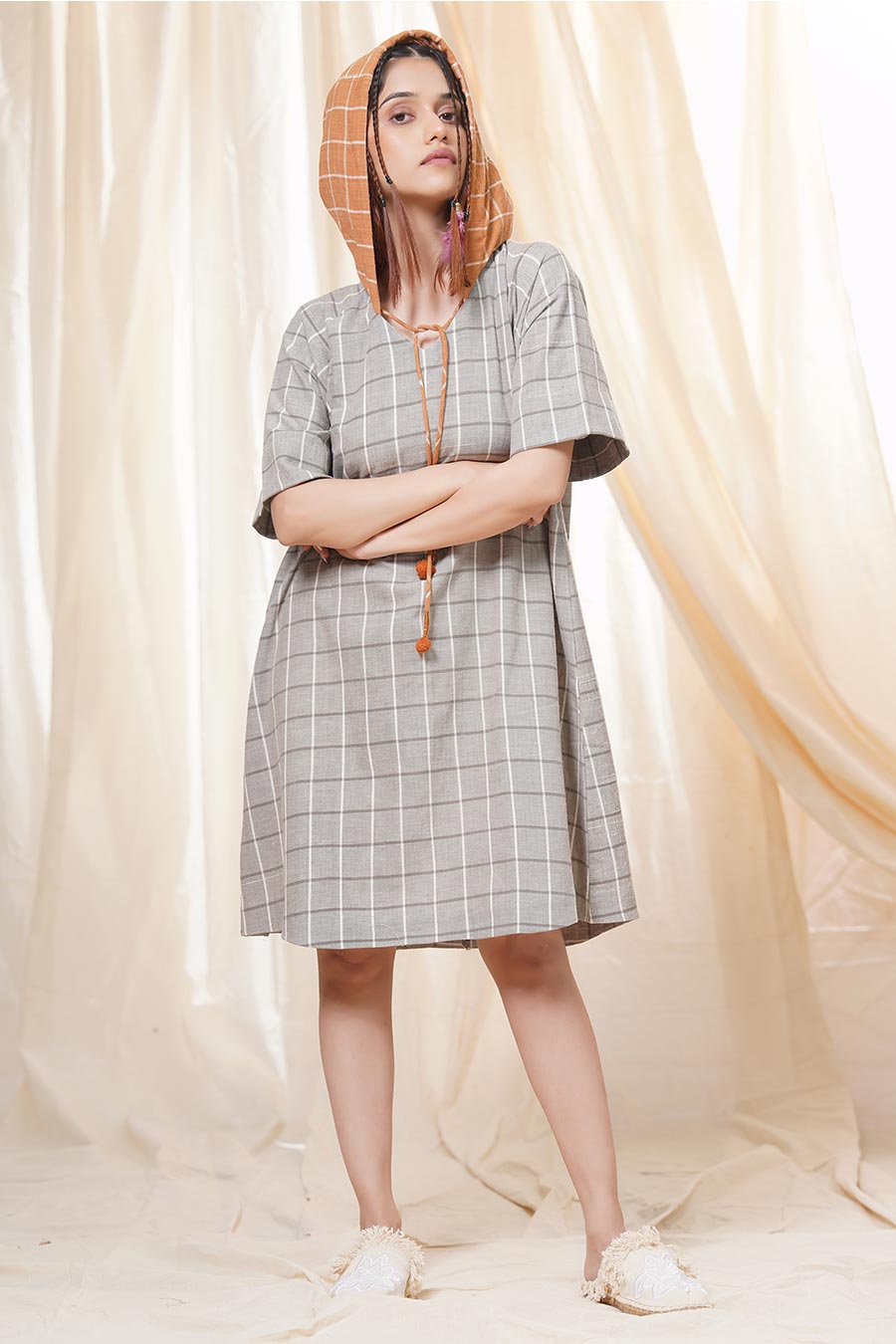 Grey Organic Khadi Cotton Checkered Hoodie Dress