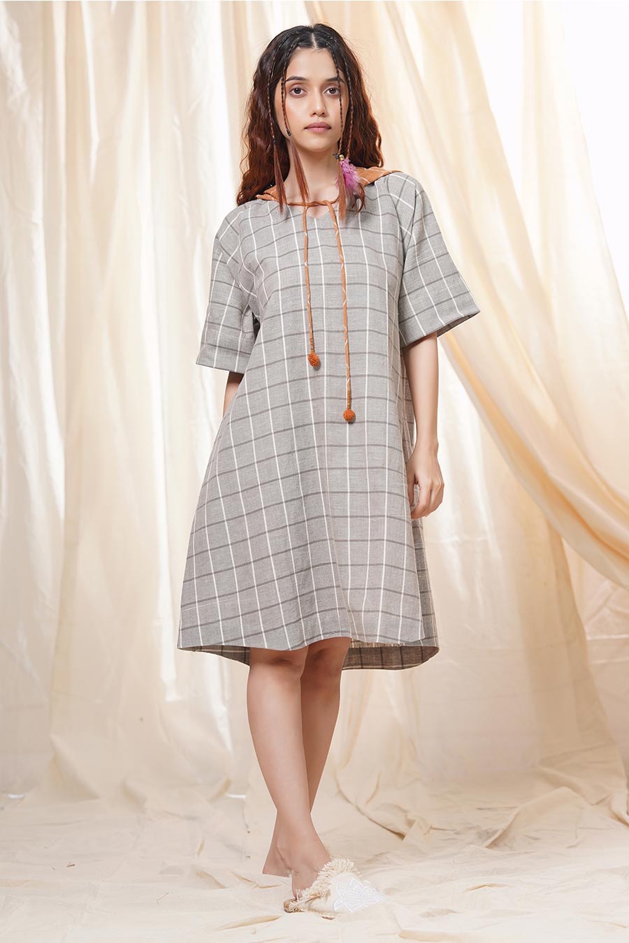 Grey Organic Khadi Cotton Checkered Hoodie Dress