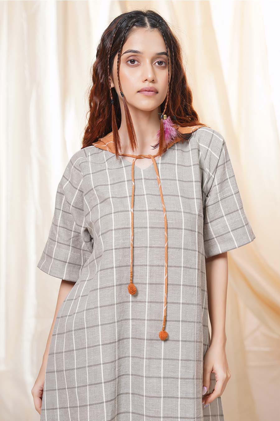 Grey Organic Khadi Cotton Checkered Hoodie Dress