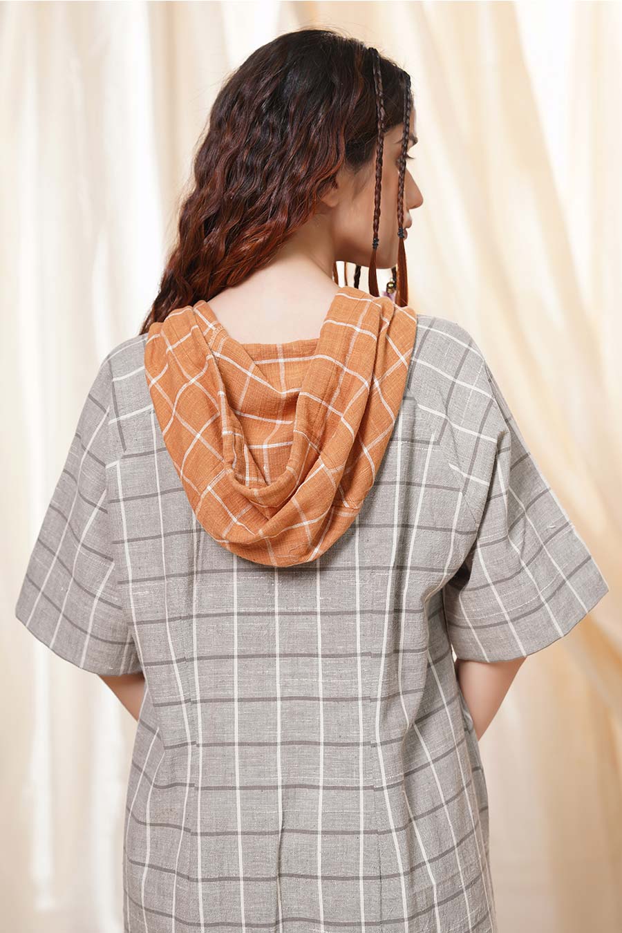 Grey Organic Khadi Cotton Checkered Hoodie Dress