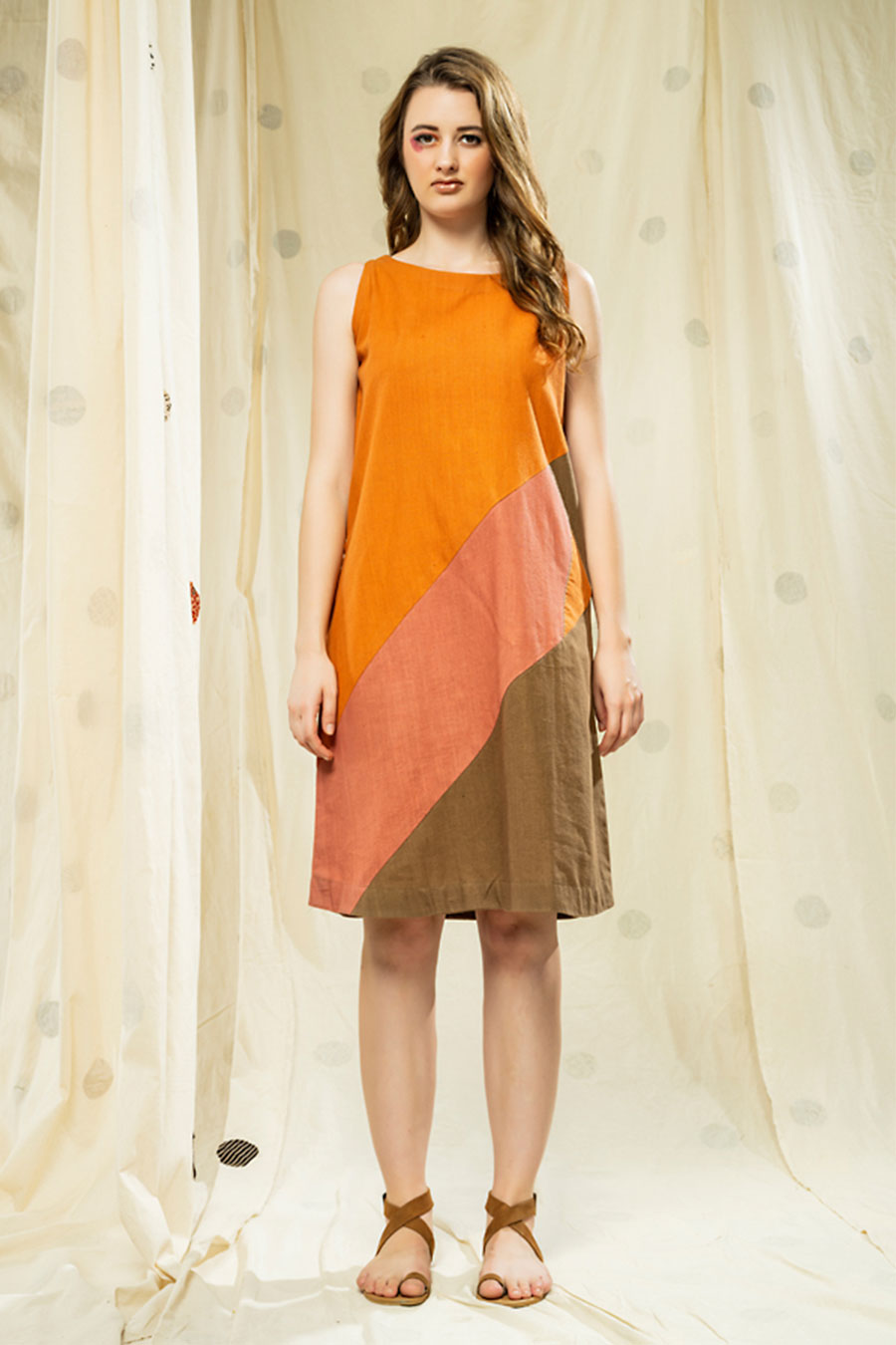 Orange-Brown Colour Block Organic Khadi Dress