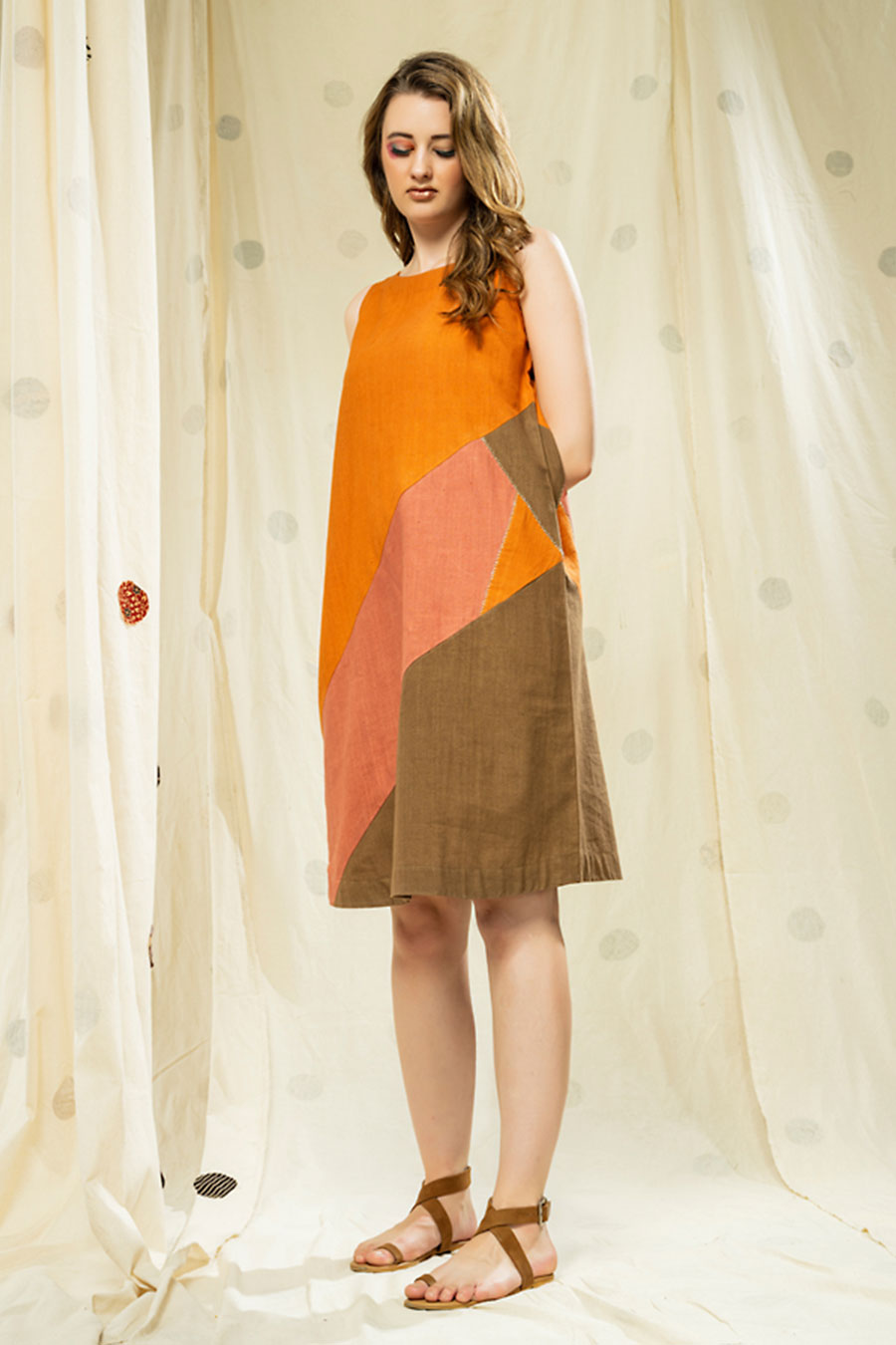 Orange-Brown Colour Block Organic Khadi Dress