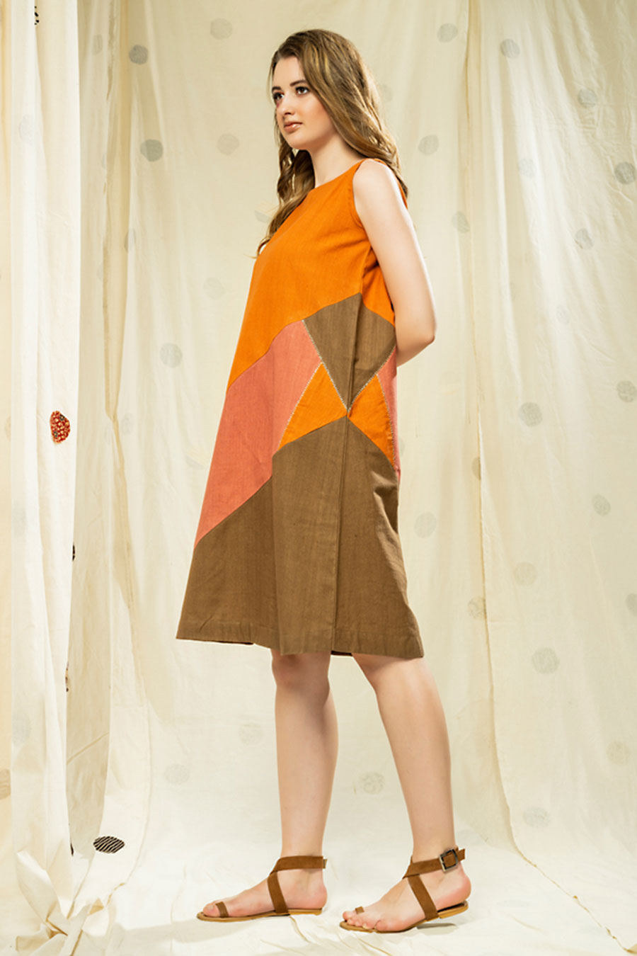 Orange-Brown Colour Block Organic Khadi Dress