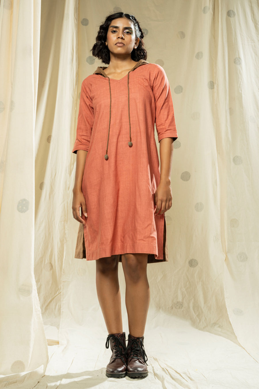 Peach-Brown Half-n-Half Organic Khadi Hoodie Dress