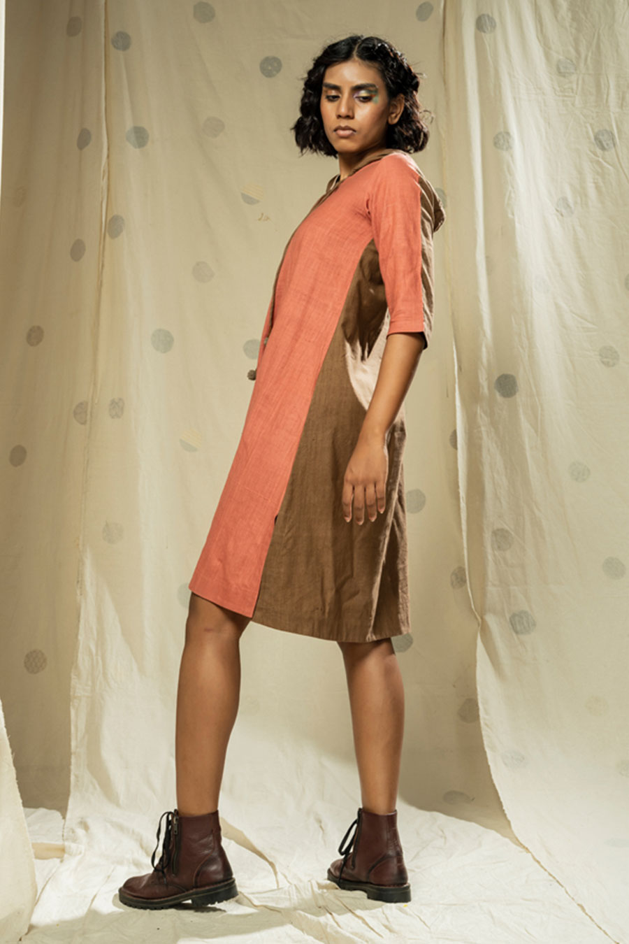 Peach-Brown Half-n-Half Organic Khadi Hoodie Dress