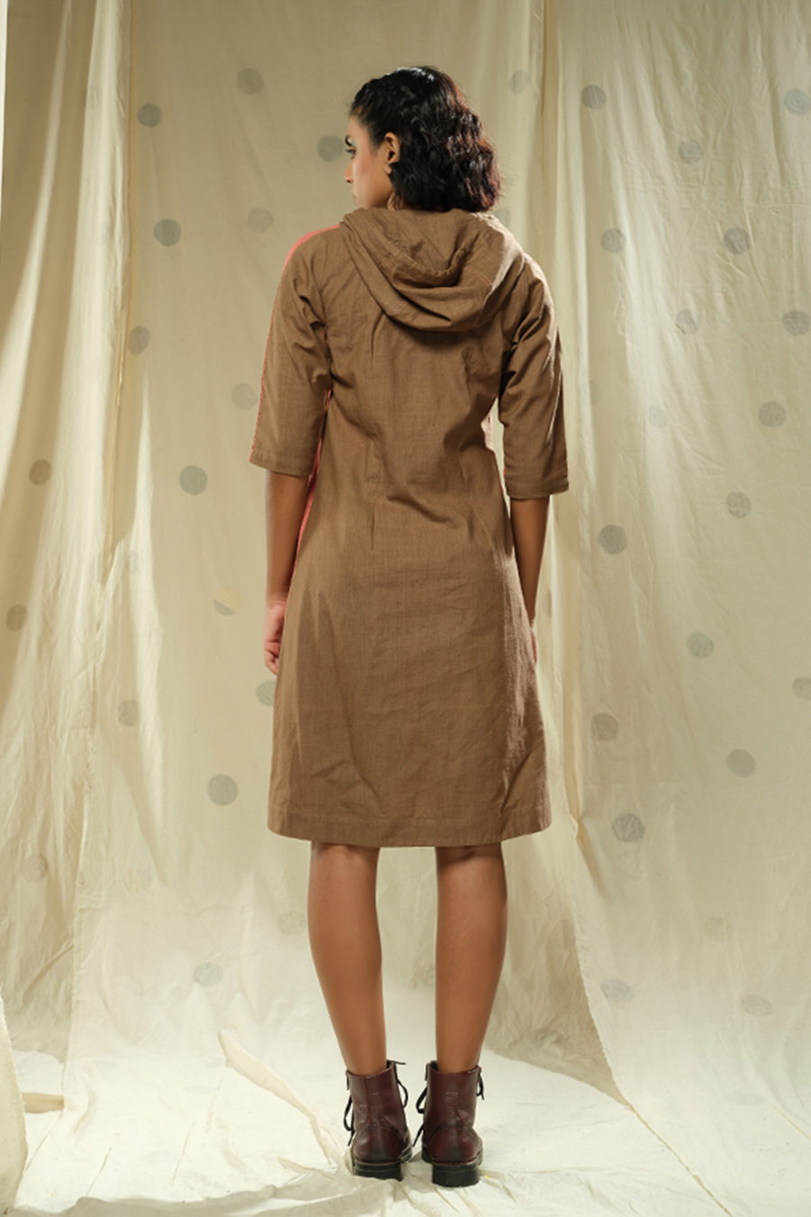 Peach-Brown Half-n-Half Organic Khadi Hoodie Dress