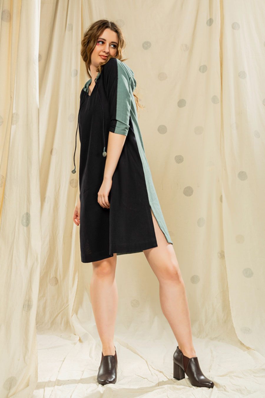Black-Blue Half-n-Half Organic Khadi Hoodie Dress
