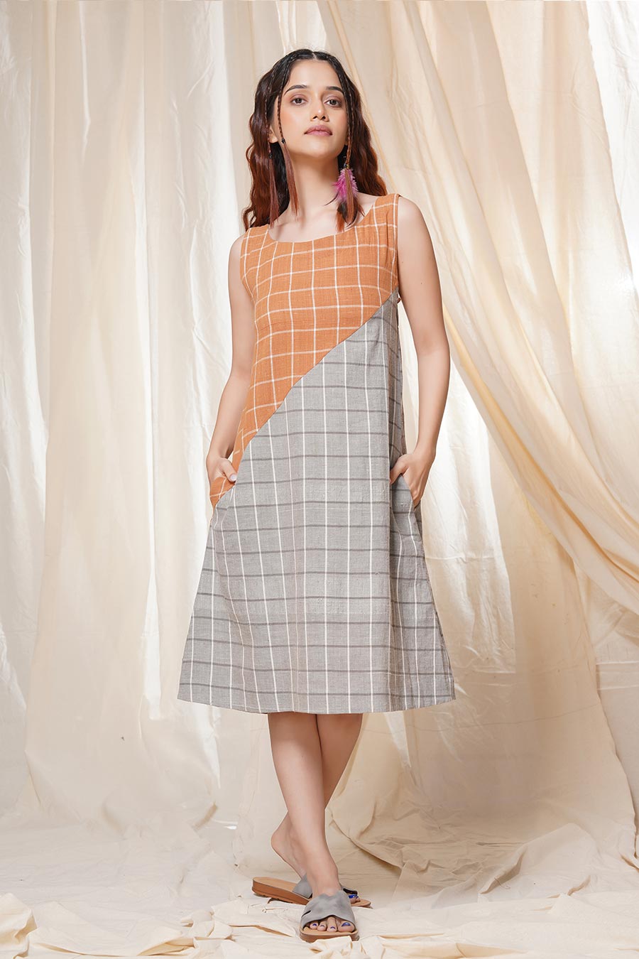 Orange-Grey Checkered Organic Khadi Dress
