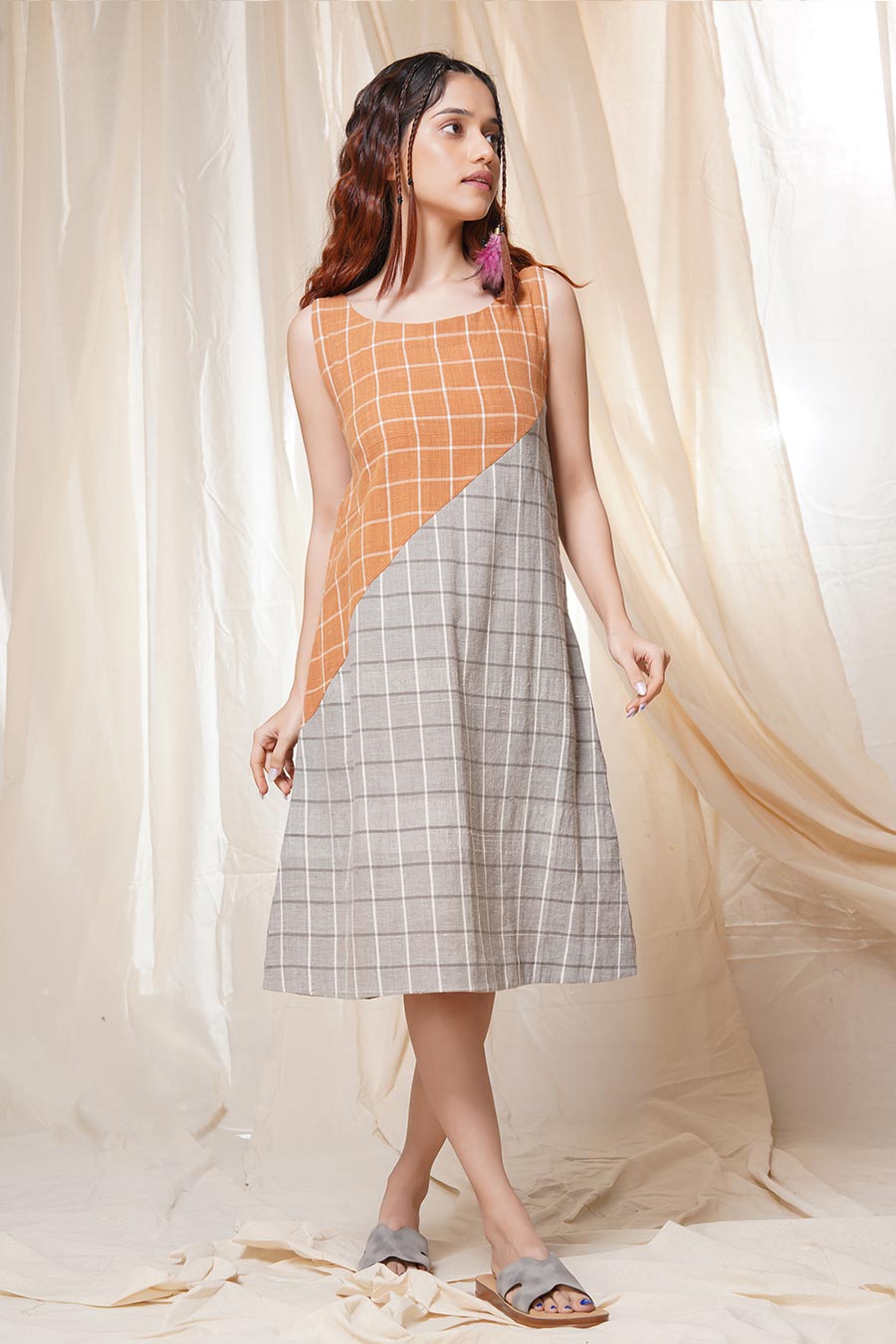 Orange-Grey Checkered Organic Khadi Dress