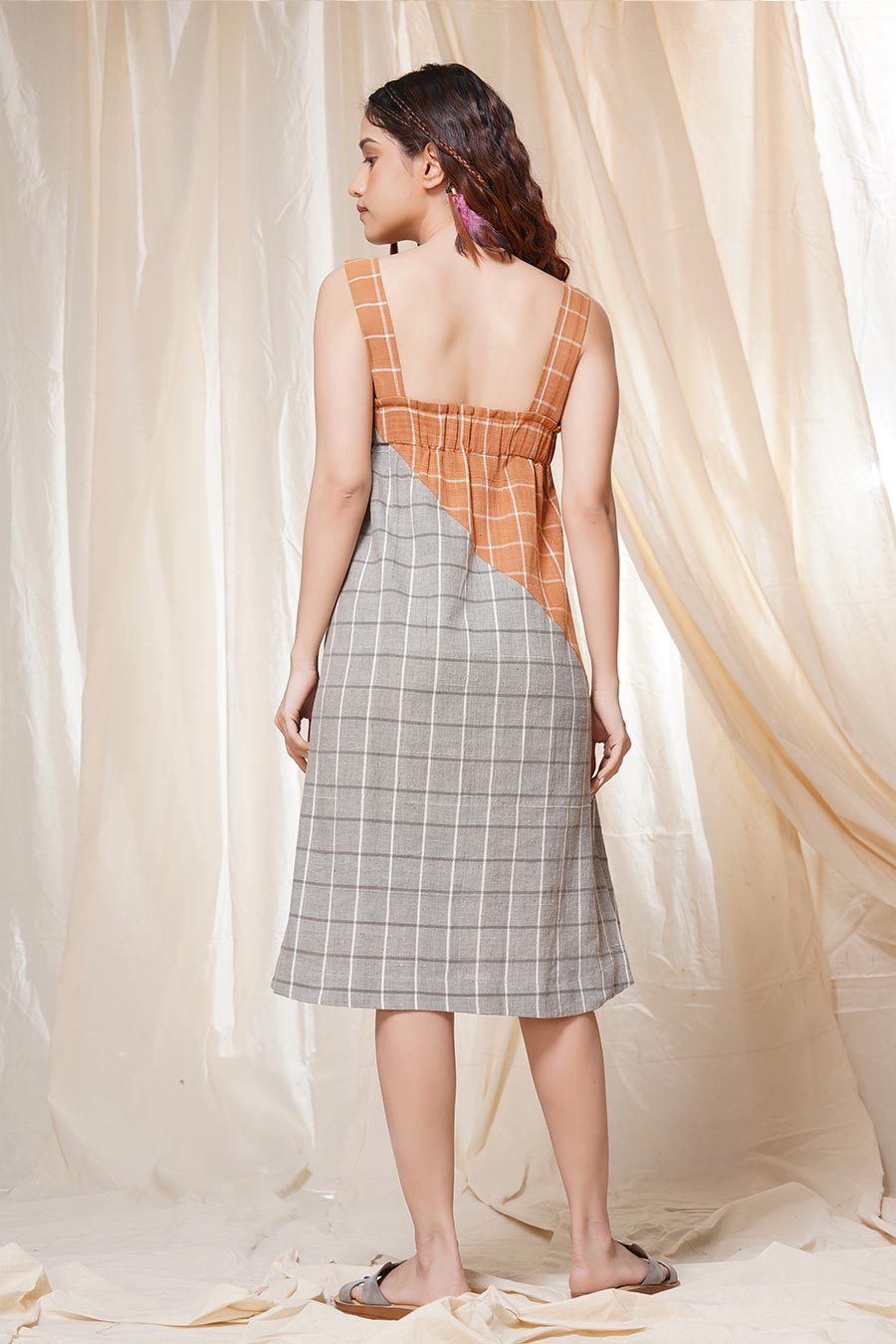 Orange-Grey Checkered Organic Khadi Dress