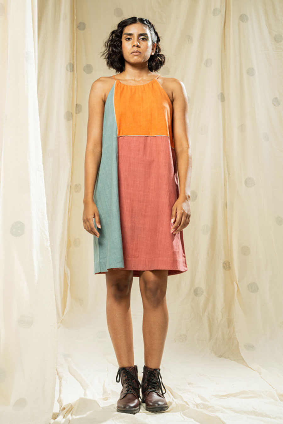 Multicoloured Colour-Block Organic Khadi Dress