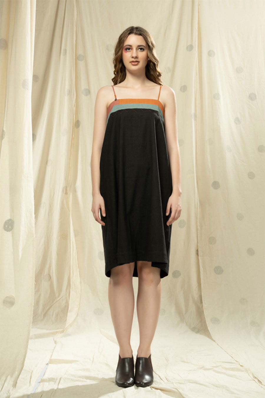 Black Organic Khadi Appliqué Stripe Spaghetti Dress