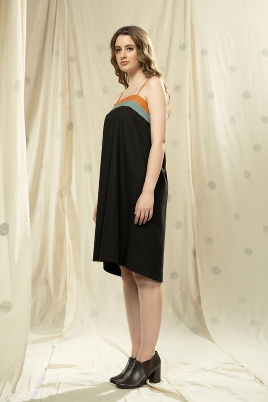 Black Organic Khadi Appliqué Stripe Spaghetti Dress