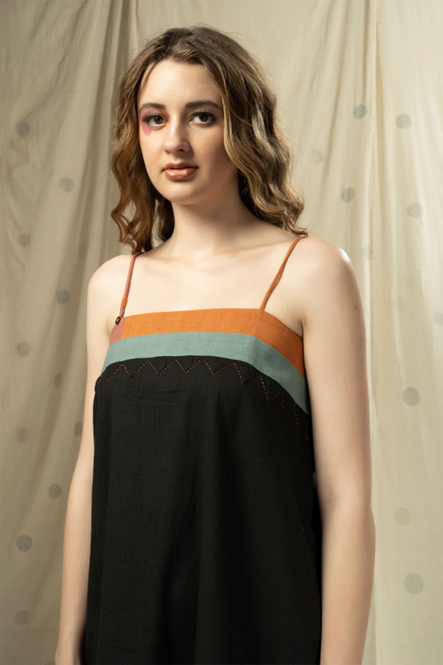 Black Organic Khadi Appliqué Stripe Spaghetti Dress