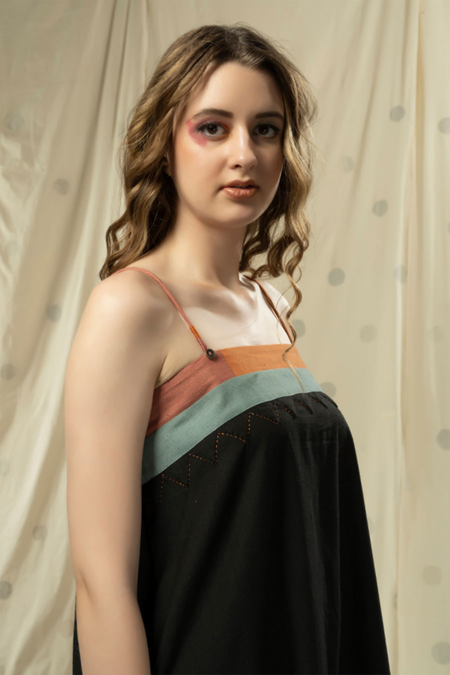 Black Organic Khadi Appliqué Stripe Spaghetti Dress
