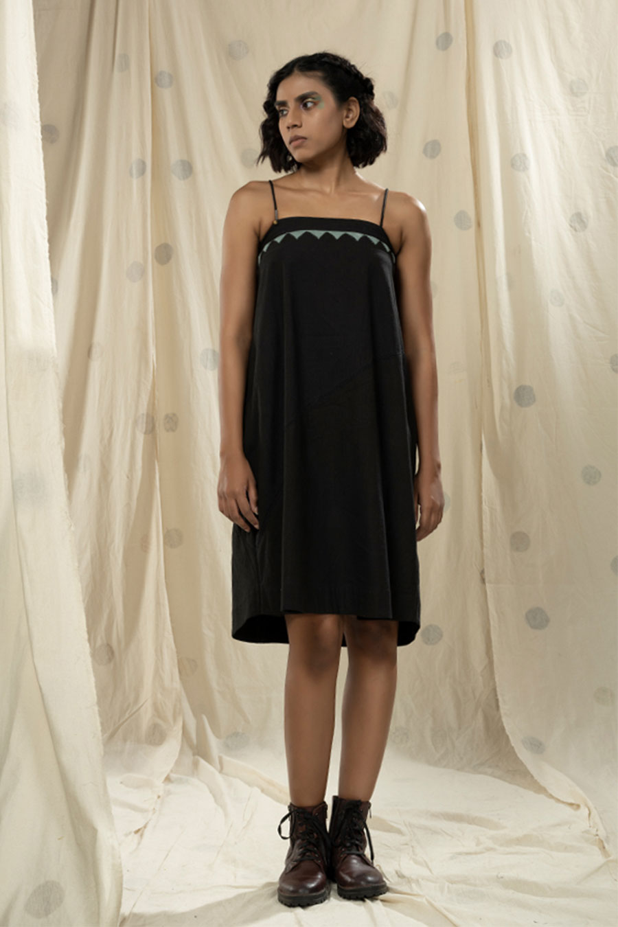 Black Organic Khadi Appliqué Stripe Spaghetti Dress