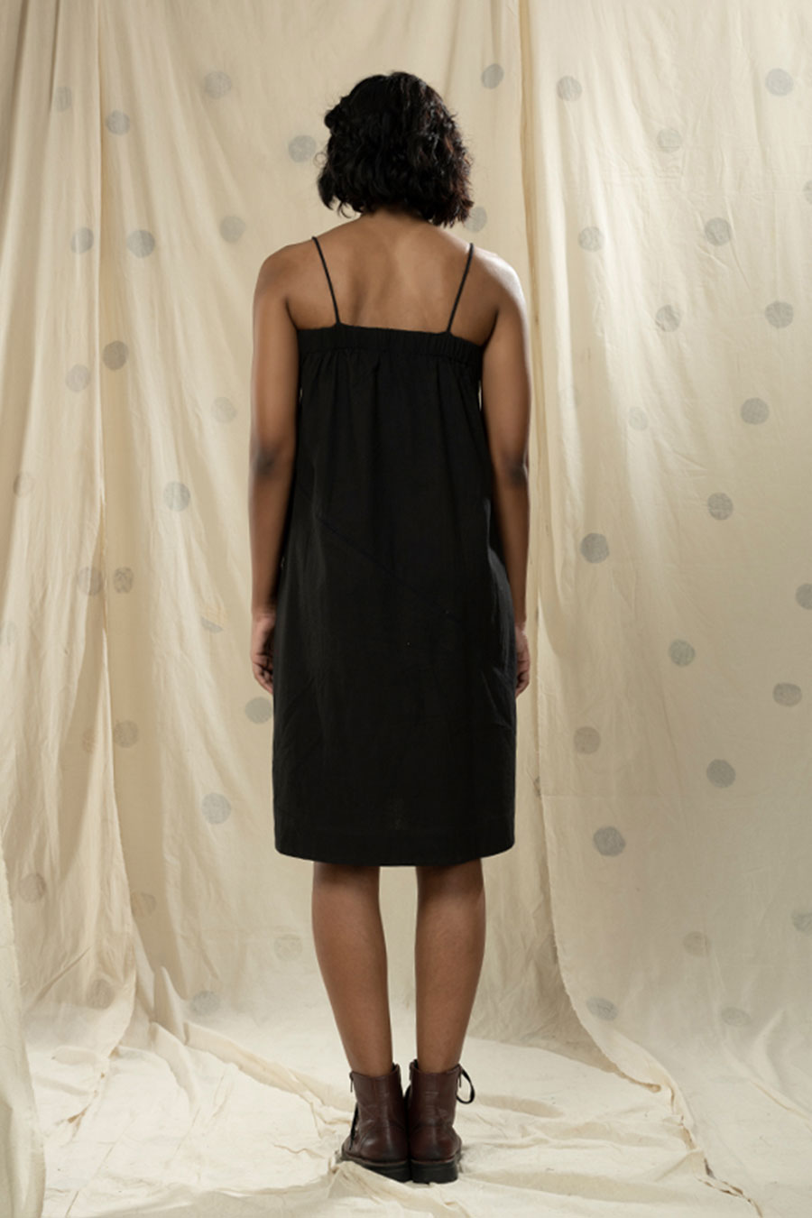 Black Organic Khadi Appliqué Stripe Spaghetti Dress