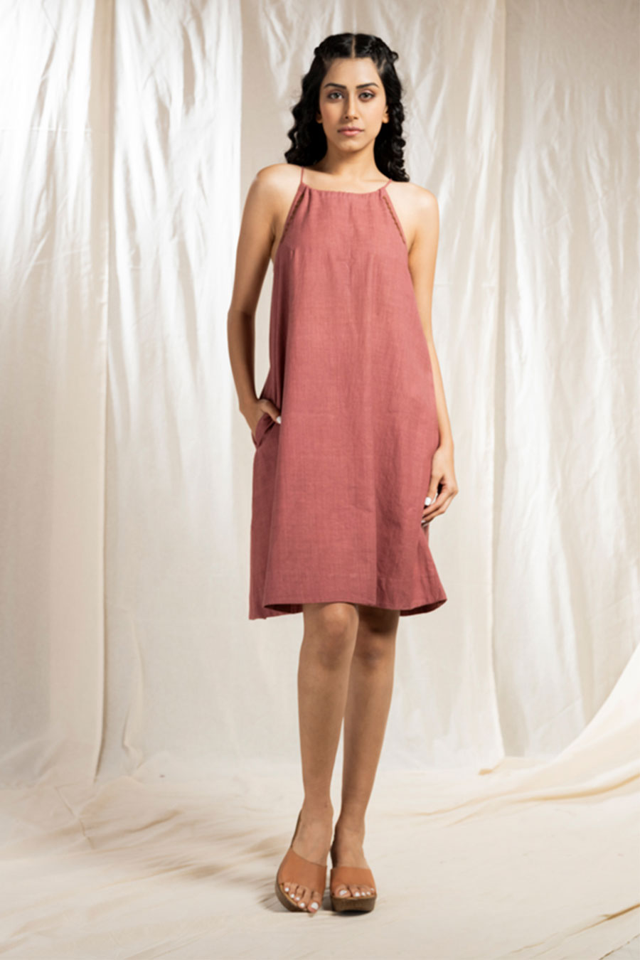 Pink Organic Khadi Halter Spaghetti Dress
