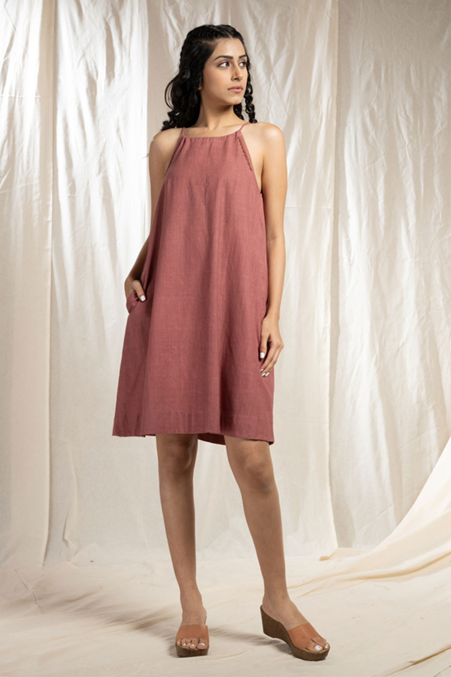 Pink Organic Khadi Halter Spaghetti Dress