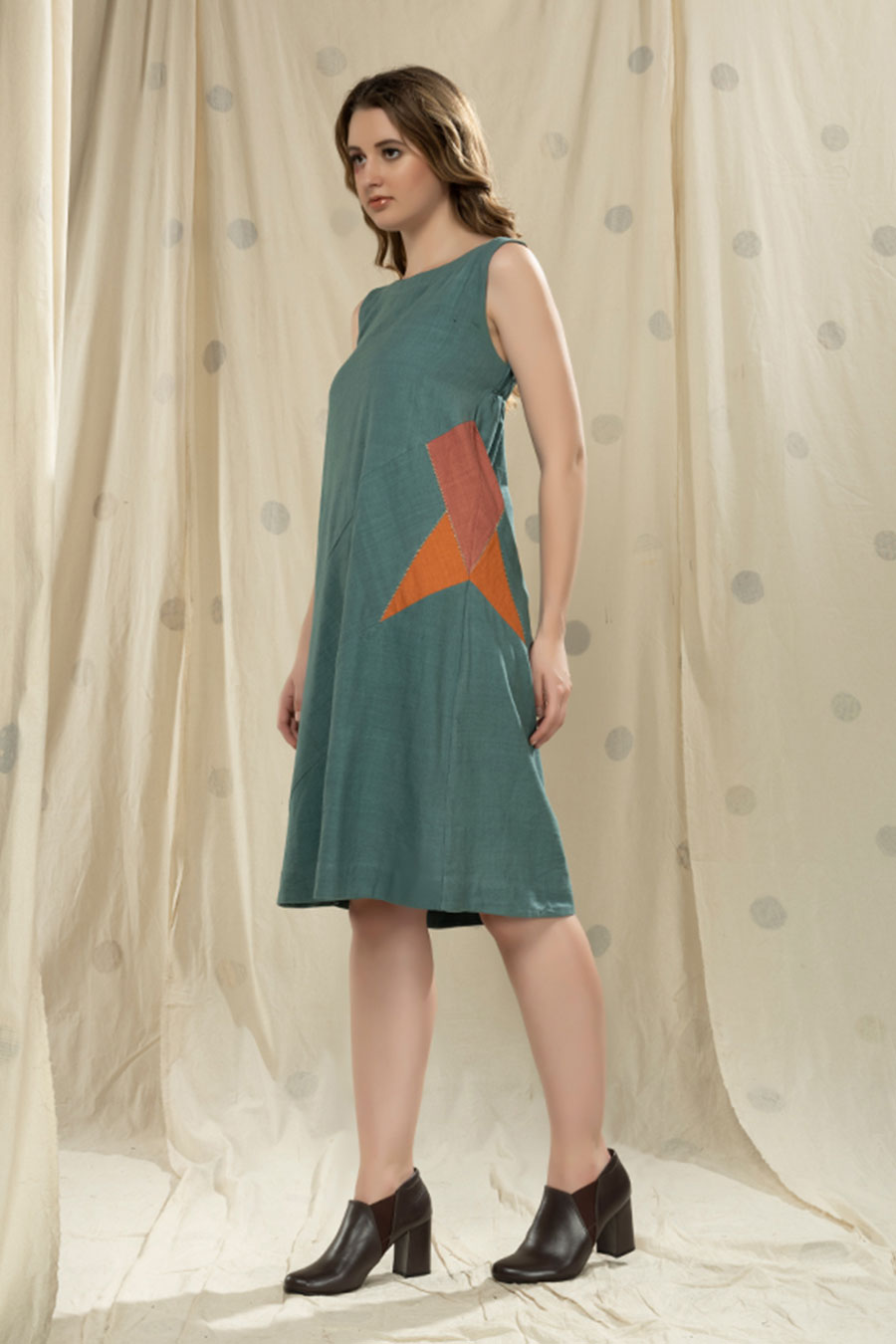 Teal Organic Khadi Big Star Appliqué Dress