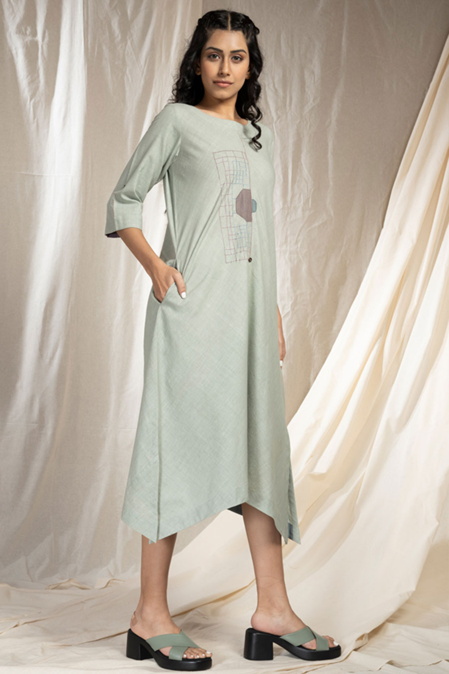 Green Organic Khadi Asymmetric Dress