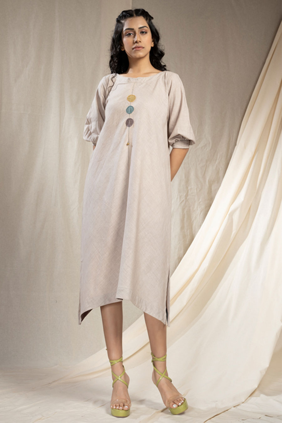 Grey Organic Khadi Embroidered Reversible Dress