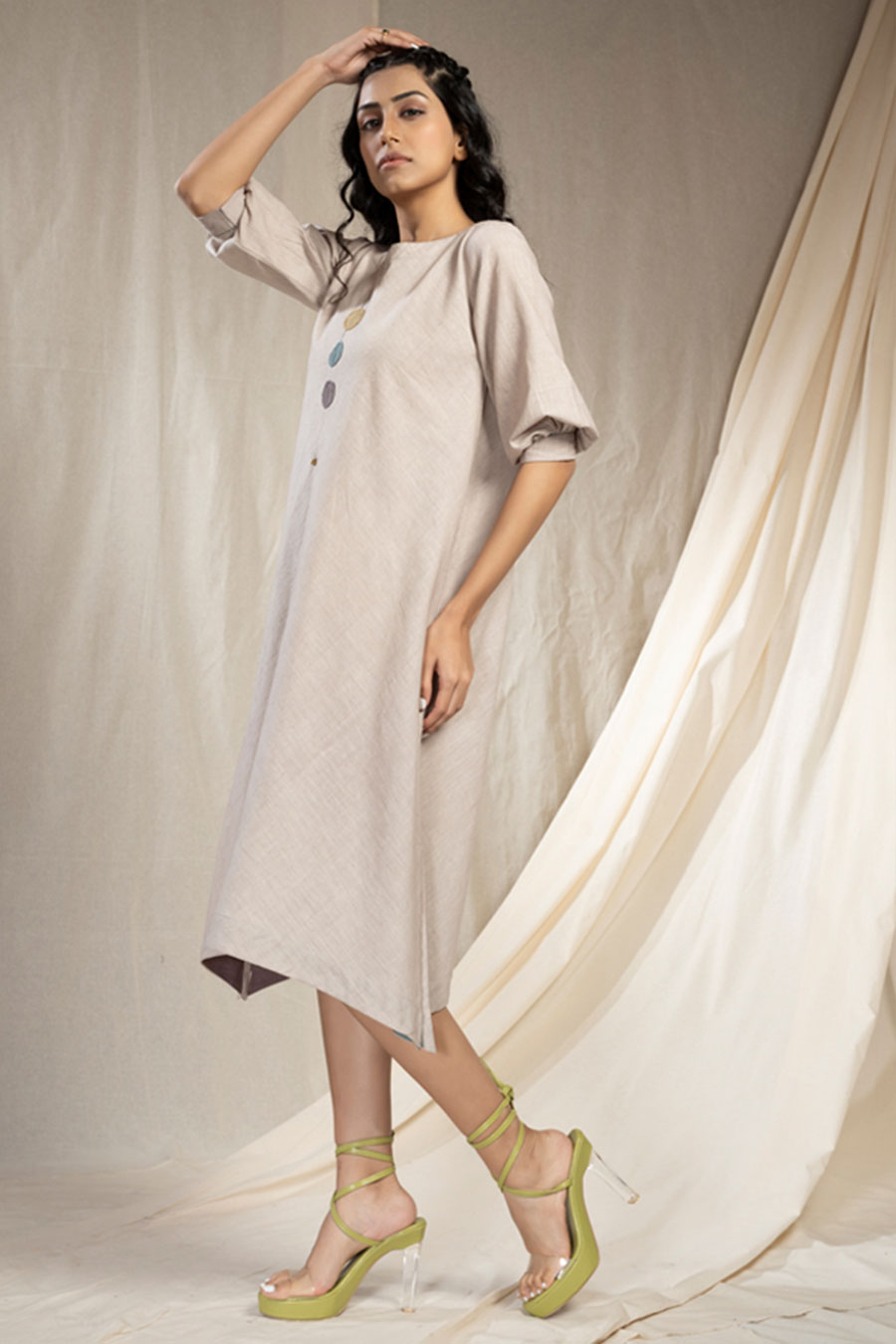 Grey Organic Khadi Embroidered Reversible Dress