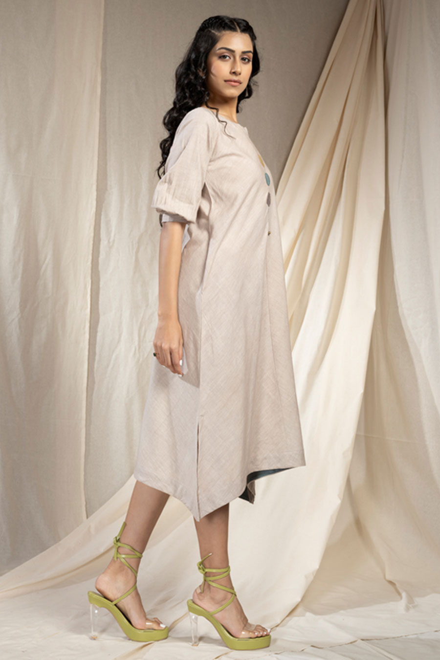 Grey Organic Khadi Embroidered Reversible Dress