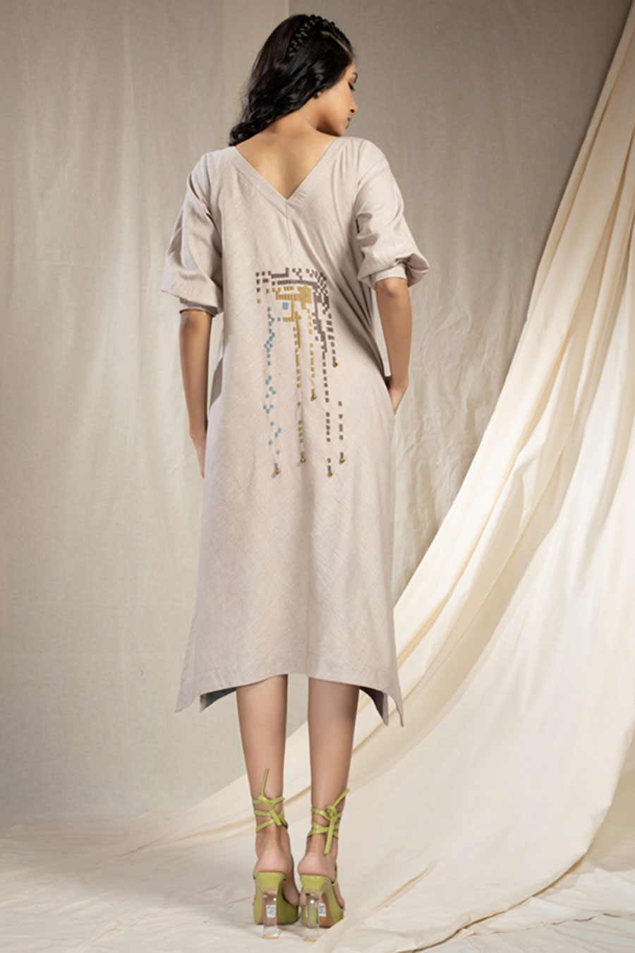 Grey Organic Khadi Embroidered Reversible Dress