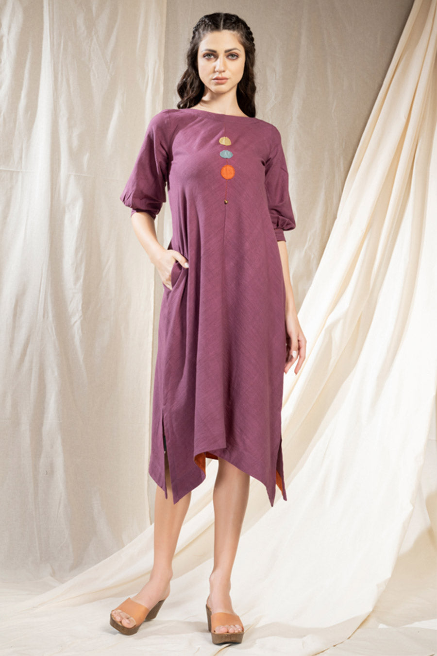 Purple Organic Khadi Embroidered Reversible Dress