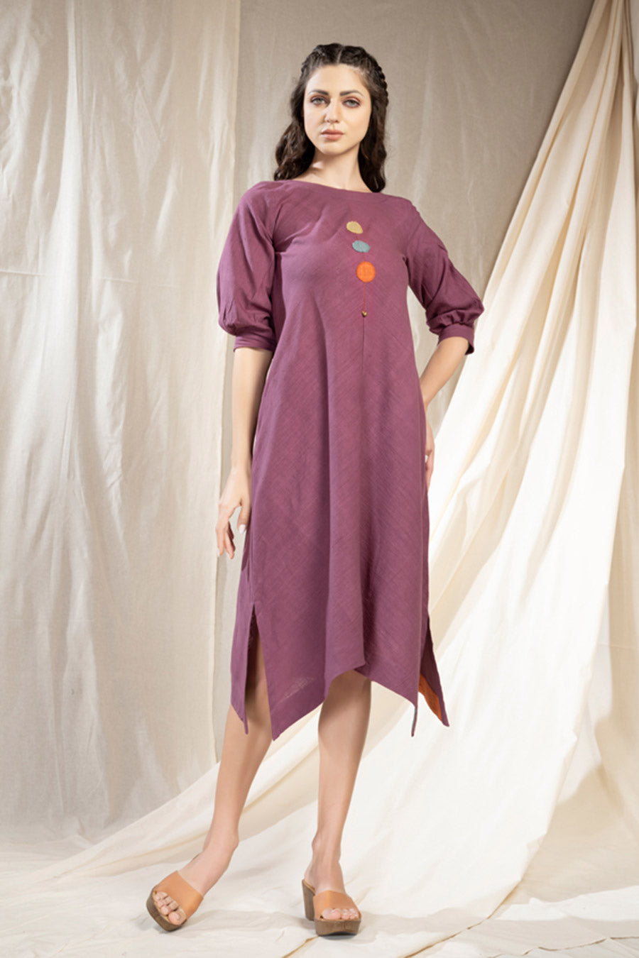 Purple Organic Khadi Embroidered Reversible Dress