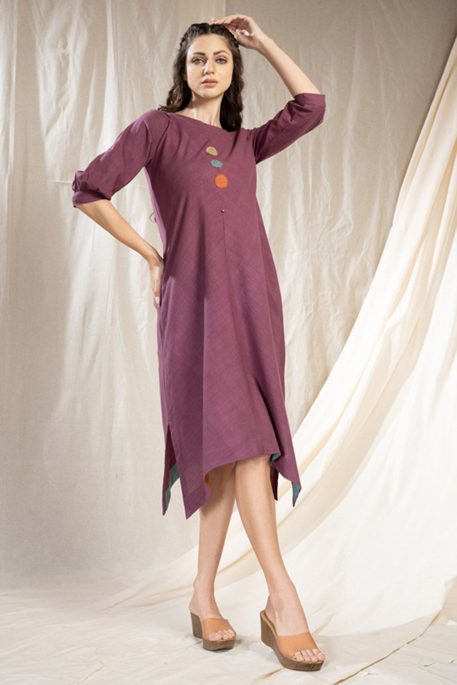 Purple Organic Khadi Embroidered Reversible Dress