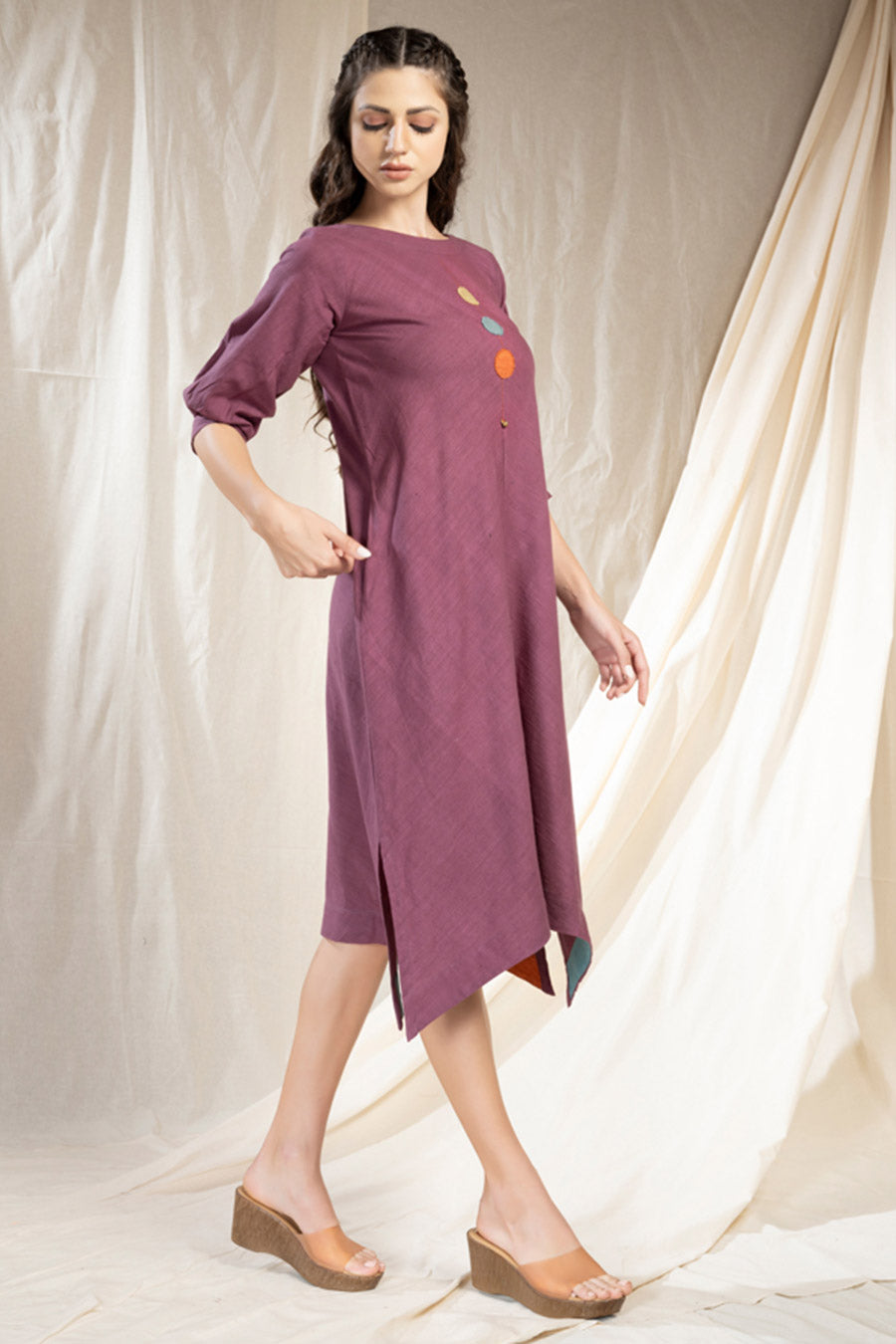Purple Organic Khadi Embroidered Reversible Dress