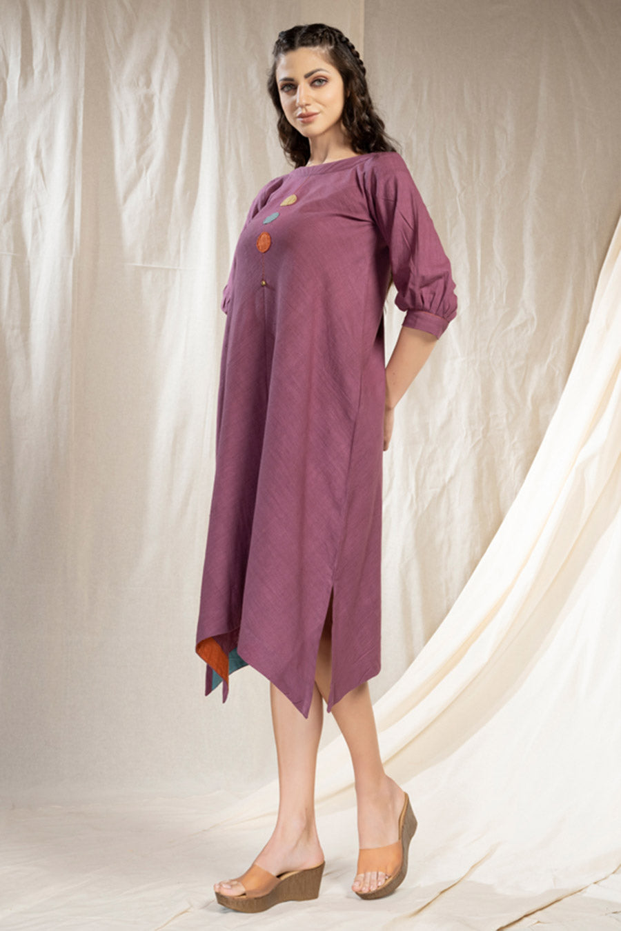Purple Organic Khadi Embroidered Reversible Dress