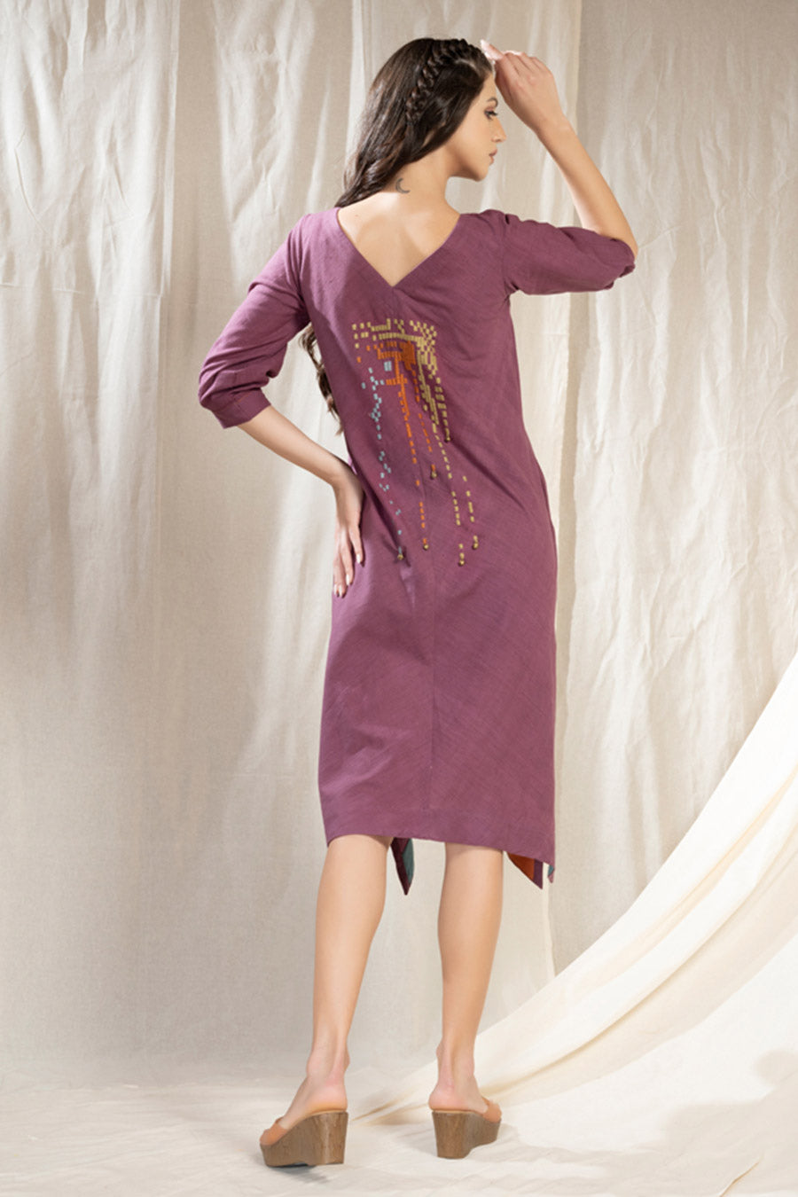 Purple Organic Khadi Embroidered Reversible Dress