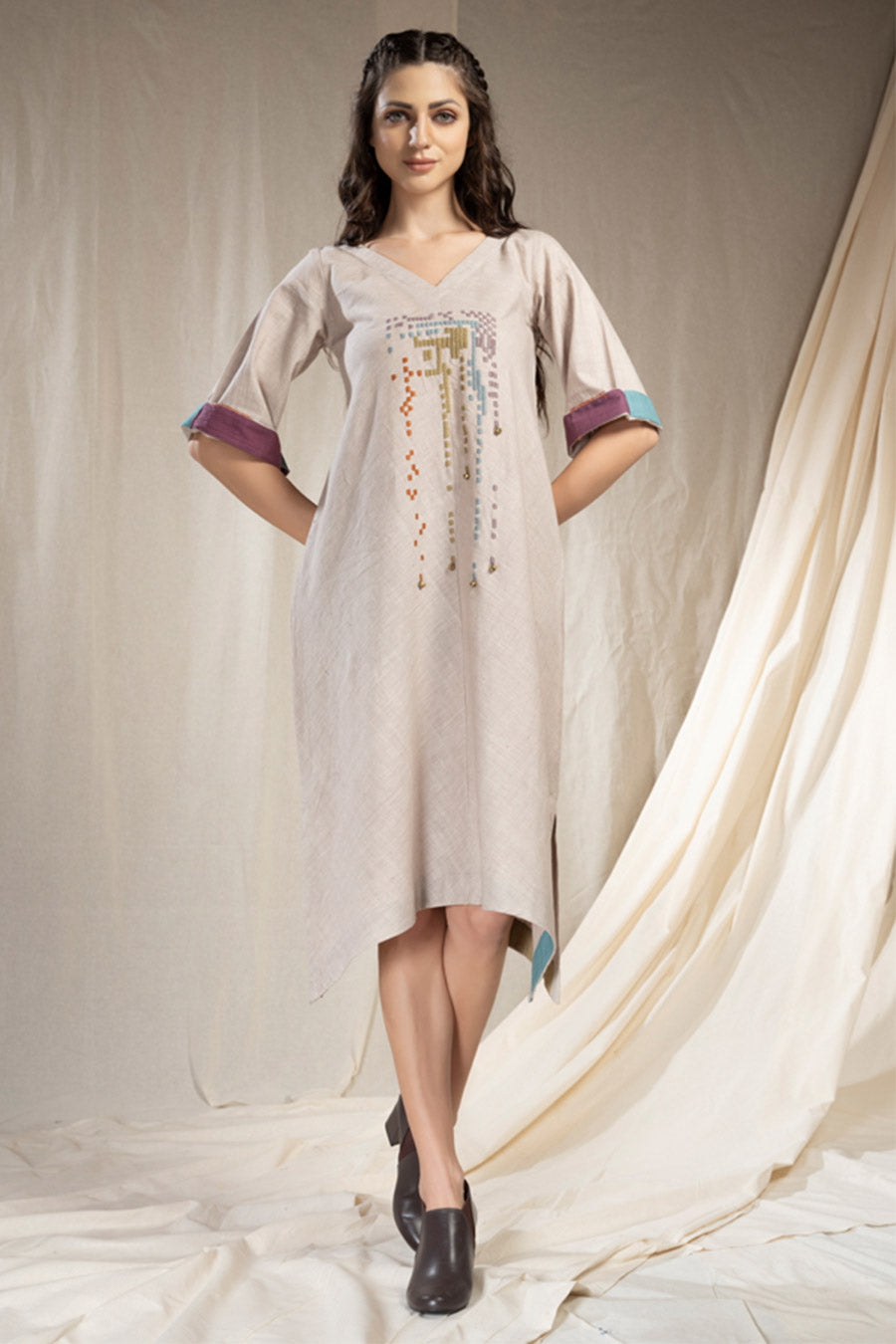 Grey Organic Khadi Mosaic Reversible Dress