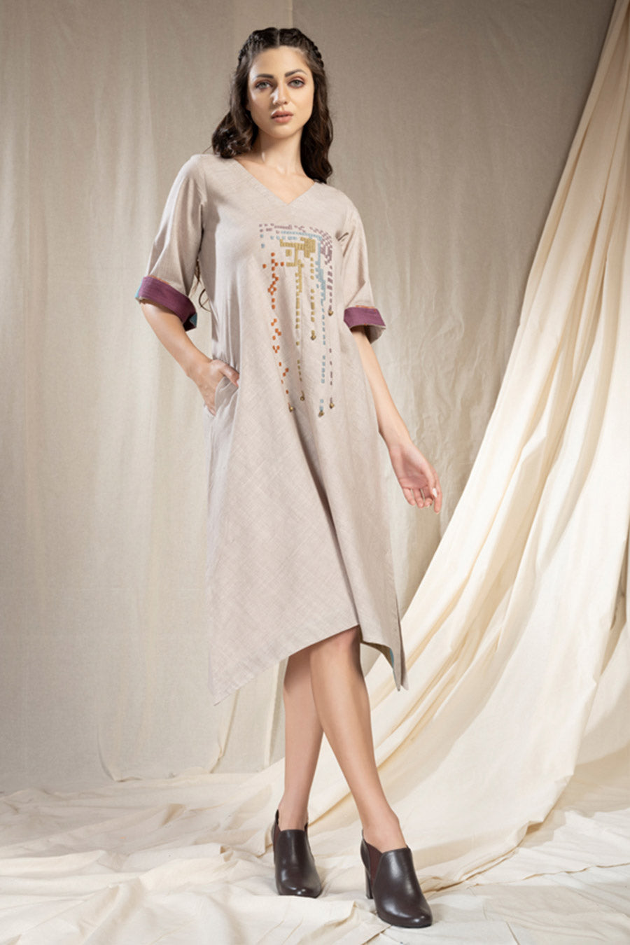Grey Organic Khadi Mosaic Reversible Dress