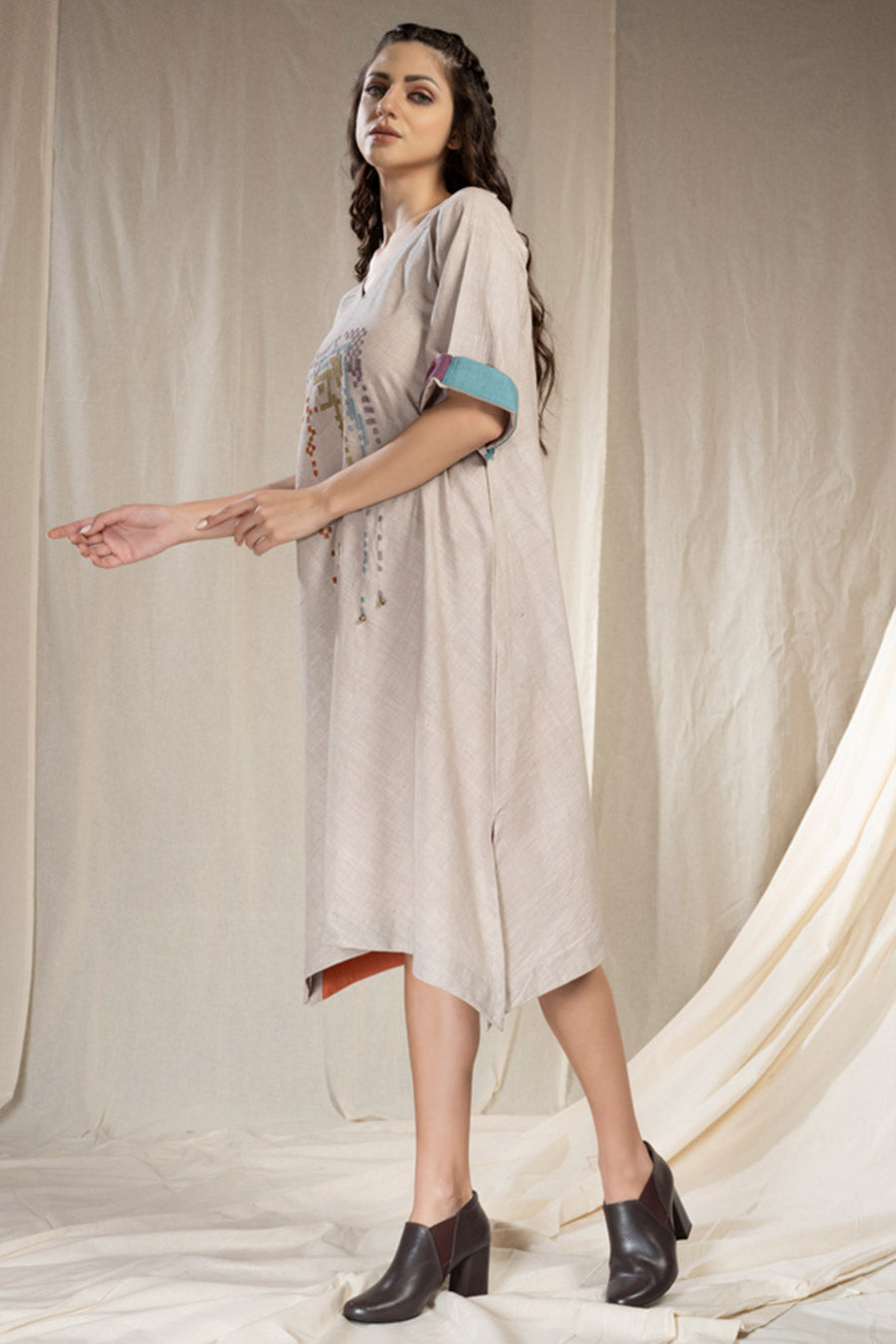 Grey Organic Khadi Mosaic Reversible Dress